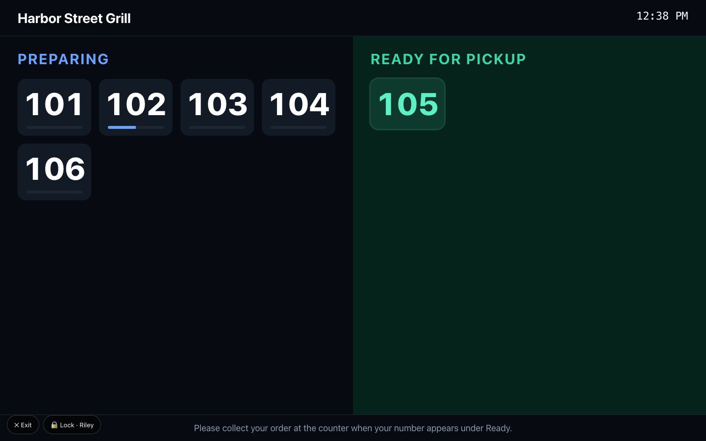 Pickup board showing preparing and ready order numbers